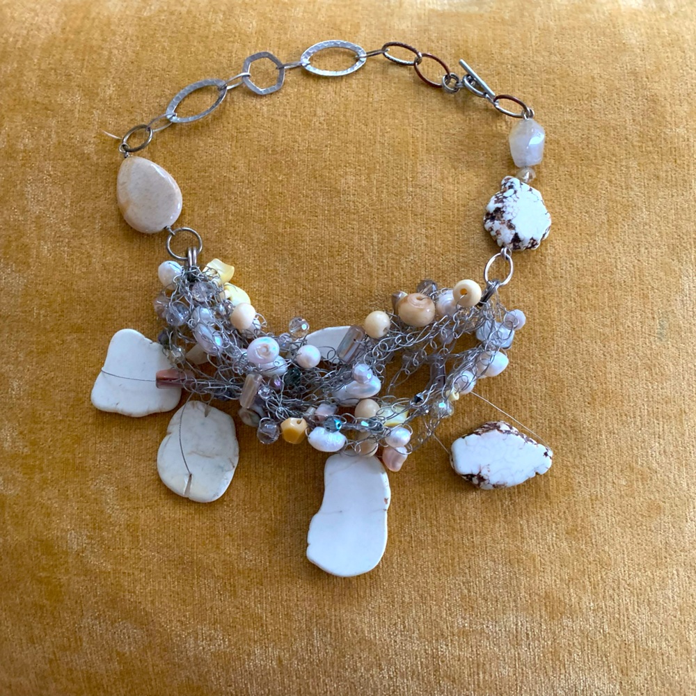 Designer Metal Mesh, Pearl and sacred Gemstone Necklace